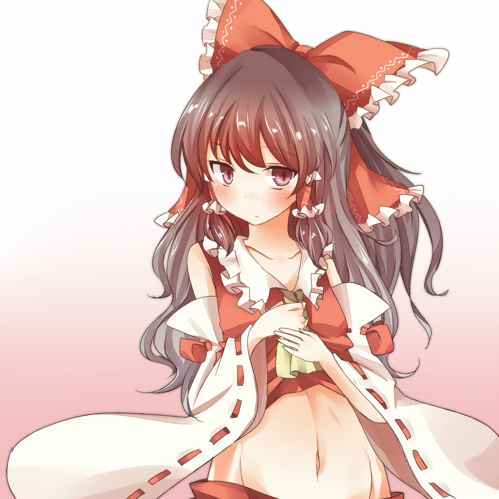 1girl bad_id bad_pixiv_id black_hair blush bow clothes_lift detached_sleeves dress dress_lift female_focus gradient_background hair_bow hair_tubes hakurei_reimu japanese_clothes long_sleeves midriff miko navel necktie pasutel red_dress red_eyes solo touhou