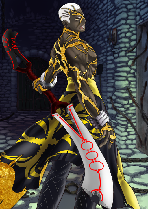 1boy arm_at_side bangle black_cape black_pants bracelet buzz_cut cape chain colored_skin cuffs dark-skinned_male dark_skin double_blade emiya_alter fate/grand_order fate_(series) feet_out_of_frame from_behind gold_skin holding holding_sword holding_weapon jewelry kanshou_&amp;_bakuya_(fate) kintsugi legs_apart looking_at_viewer looking_back lower_teeth_only male_focus multicolored_skin multiple_scars no_shirt official_art open_mouth outstretched_arm pants sasaki_shounen scar scar_on_arm scar_on_back scar_on_chest scar_on_face scar_on_hand scar_on_head scar_on_neck shackles short_hair short_sideburns shouting solo standing sword teeth third-party_source toned toned_male topless_male two-tone_skin v-shaped_eyebrows variant_set very_dark_skin very_short_hair waist_cape weapon yellow_eyes