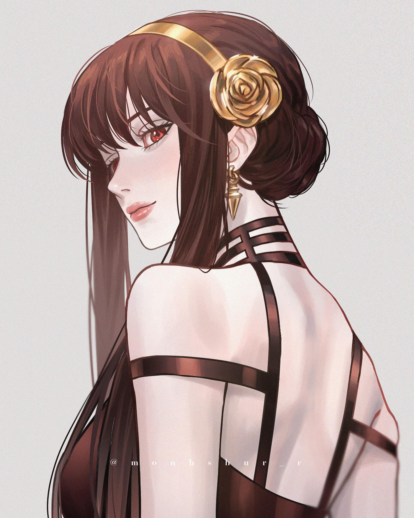 1girl bare_shoulders black_hair breasts commentary earrings from_side gold_earrings gold_hairband hairband highres instagram_username jewelry large_breasts long_bangs long_sidelocks looking_at_viewer monhshur_r pink_lips red_eyes sidelocks smile solo spy_x_family yor_briar