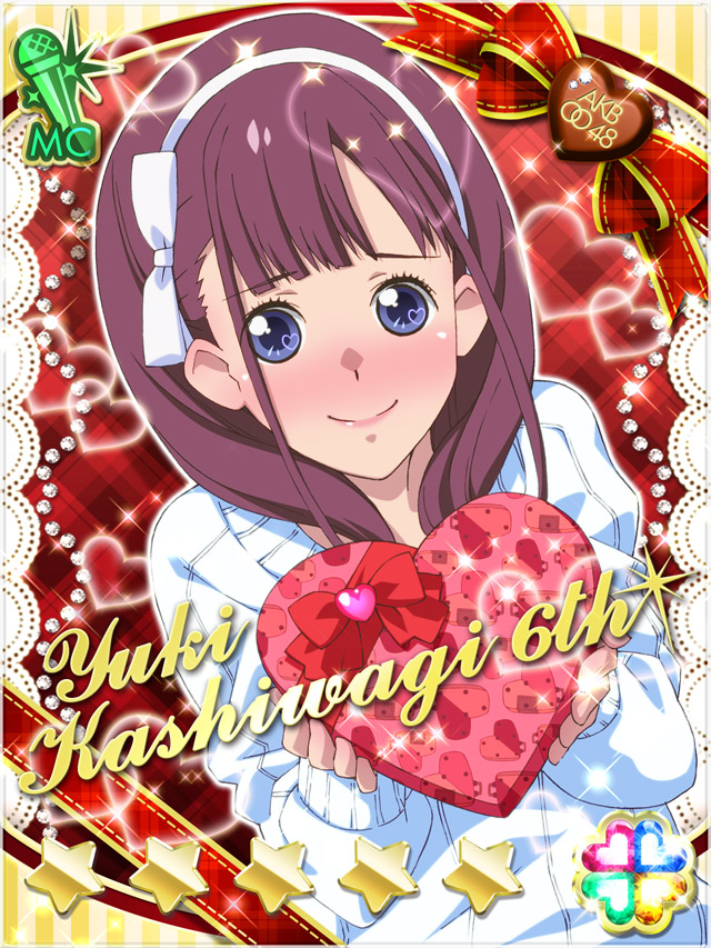 1girl akb0048 blue_eyes blush bow bow_hairband box candy card_(medium) character_name chocolate chocolate_heart closed_mouth dutch_angle food gift gift_box hair_bow hairband heart heart-shaped_food incoming_gift kashiwagi_yuki_(akb0048) long_hair long_sleeves looking_at_viewer non-web_source official_art plaid_background purple_hair red_background smile solo sparkle star_(symbol) sweater upper_body white_bow white_hairband white_sweater