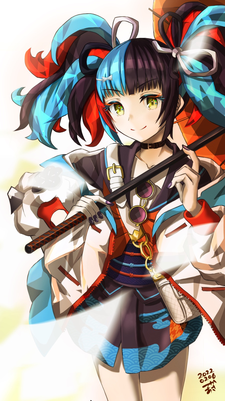 1girl bag black_choker black_hair black_nails black_shirt black_skirt blue_hair blue_skirt bow choker closed_mouth collarbone dated fate/grand_order fate_(series) glasses hair_bow hair_ribbon highres holding holding_umbrella jacket long_hair long_sleeves looking_at_viewer nail_polish red_hair ribbon sei_shounagon_(fate) shirt shoulder_bag skirt smile solo tsukaasa two-tone_skirt umbrella unworn_eyewear white_bag white_bow white_jacket yellow_eyes