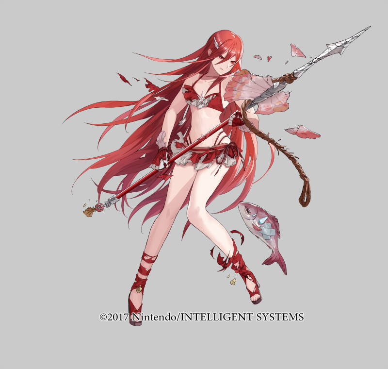 1girl bandaid bare_shoulders bikini bikini_skirt breasts broken broken_weapon clenched_teeth collarbone copyright_notice cordelia_(fire_emblem) cordelia_(knight_paradise)_(fire_emblem) fingerless_gloves fire_emblem fire_emblem_awakening fire_emblem_heroes fish full_body gloves grey_background hair_ornament harpoon high_heel_sandals high_heels highleg long_hair mayo_(becky2006) navel nintendo official_art polearm red_eyes red_hair rope sandals shiny_skin sidelocks small_breasts solo starfish swimsuit teeth torn_clothes very_long_hair weapon