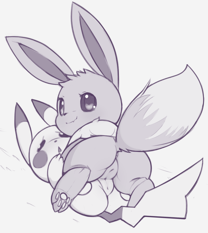 2girls :&lt; animal_focus animal_sexualization anus ass cleft_of_venus closed_mouth eevee fang female_focus from_behind full_body gen_1_pokemon grey_background greyscale happy kekitopu looking_at_viewer looking_back lying monochrome multiple_girls nervous nintendo no_humans on_back on_stomach open_mouth pikachu pokemon pokemon_(creature) pussy pussy_sandwich raised_eyebrows simple_background sketch skin_fang smile yuri