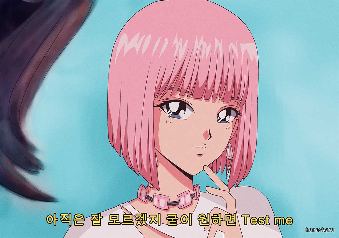 1990s_(style) 1girl artist_name blackpink blue_background blue_eyes blunt_bangs blunt_ends bob_cut closed_mouth commentary earrings english_commentary hanavbara inverted_bob jewelry jisoo_(blackpink) looking_at_viewer lyrics necklace pink_hair real_life retro_artstyle solo upper_body