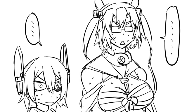 ... 10s 2girls bare_shoulders budget_sarashi comic d: eyepatch glasses greyscale headgear kantai_collection monochrome multiple_girls musashi_(kancolle) opaque_glasses open_mouth sarashi short_hair spoken_ellipsis sweat tenryuu_(kancolle) tonda triangle_mouth twintails