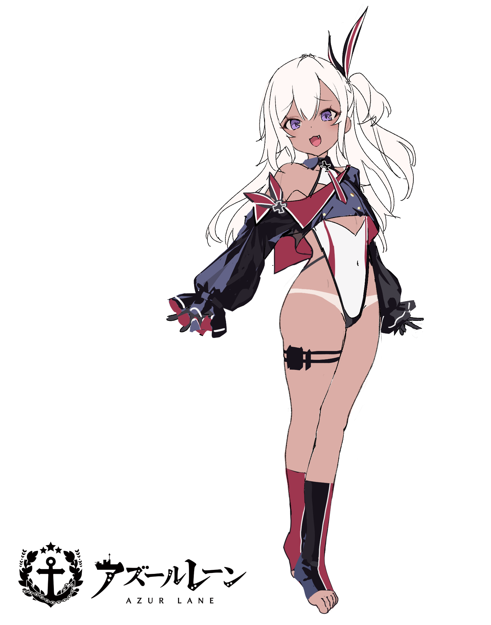 1girl :d azur_lane black_gloves blonde_hair blush concept_art covered_navel crop_top cross dark-skinned_female dark_skin fang full_body gloves hair_between_eyes hair_ribbon highres hip_focus iron_cross long_hair looking_at_viewer open_mouth purple_eyes ribbon sanze_(gokiburi_kirai) side_ponytail single_bare_shoulder smile solo standing striped_ribbon swimsuit tan tanline thigh_strap thighs u-31_(azur_lane) very_long_hair