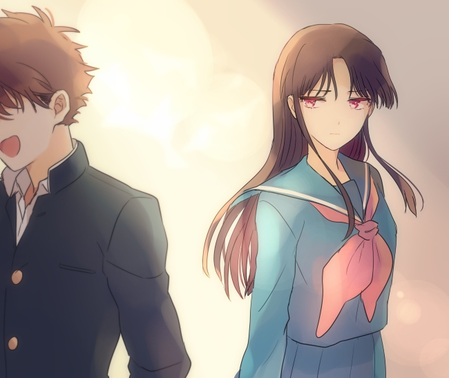 1boy 1girl akiyoshi_(tama-pete) commentary_request floating_clothes floating_hair koizumi_akako kuroba_kaito long_hair long_sidelocks long_sleeves looking_at_another looking_to_the_side magic_kaito open_mouth parted_bangs partial_commentary red_eyes sad sailor_collar sailor_shirt school_uniform shirt short_hair sidelocks smile