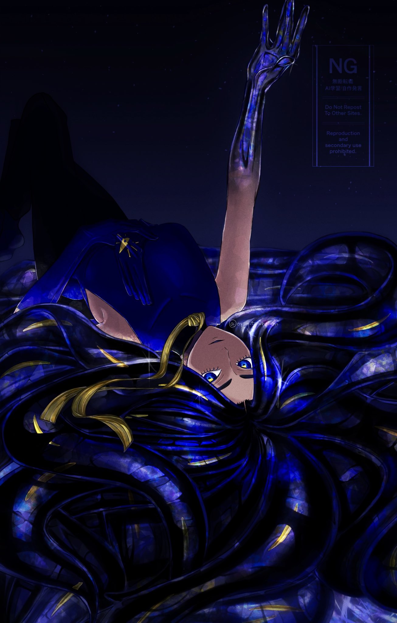 1girl big_hair black_hair black_pants blue_eyes blue_gloves blue_shirt breasts closed_mouth commentary_request eyelashes geeta_(pokemon) gloves highres long_hair looking_at_viewer lying nintendo on_back oysm_tmwrchan pants pokemon pokemon_sv shirt sleeveless sleeveless_shirt solo twitter_username unworn_gloves watermark