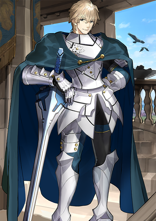 1boy animal armor armored_boots armored_gloves bird black_gloves black_pants black_shirt blonde_hair blue_eyes blue_sky boots breastplate cape closed_mouth excalibur_galatine_(fate) fate/grand_order fate_(series) faulds gawain_(fate) gloves green_cape hair_between_eyes legs_apart looking_at_viewer male_focus official_art pants shirt short_hair sky smile solo stairs standing sword third-party_source variant_set wada_arco weapon