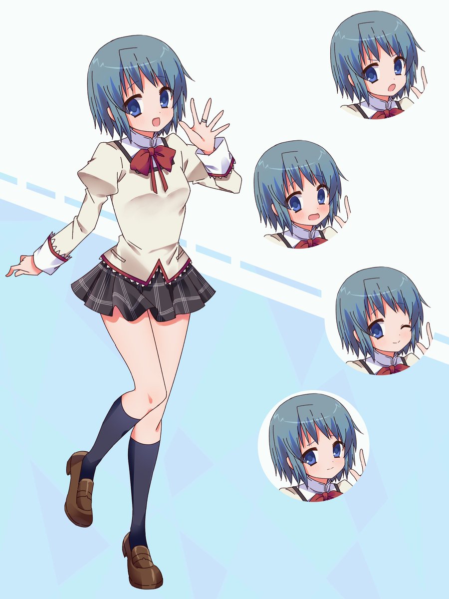 1girl black_skirt black_socks blue_background blue_eyes blue_hair bow bowtie brown_footwear closed_mouth collared_shirt determined dot_nose dotted_line multiple_expressions flustered frown full_body furrowed_brow hand_up high_collar highres jewelry juliet_sleeves kneehighs knees lace lace-trimmed_shirt lace-trimmed_sleeves lace_trim long_sleeves looking_at_viewer mahou_shoujo_madoka_magica mahou_shoujo_madoka_magica_(anime) miki_sayaka miniskirt mitakihara_school_uniform one_eye_closed open_mouth parody parody_request plaid_clothes plaid_skirt pleated_skirt puffy_sleeves raised_eyebrows red_bow red_bowtie ring ruru_(rurumagi) school_uniform shirt shoes short_hair skirt smile socks standing style_parody tachi-e two-tone_background uwabaki waving wavy_mouth white_background white_sleeve_cuffs wide-eyed yellow_shirt