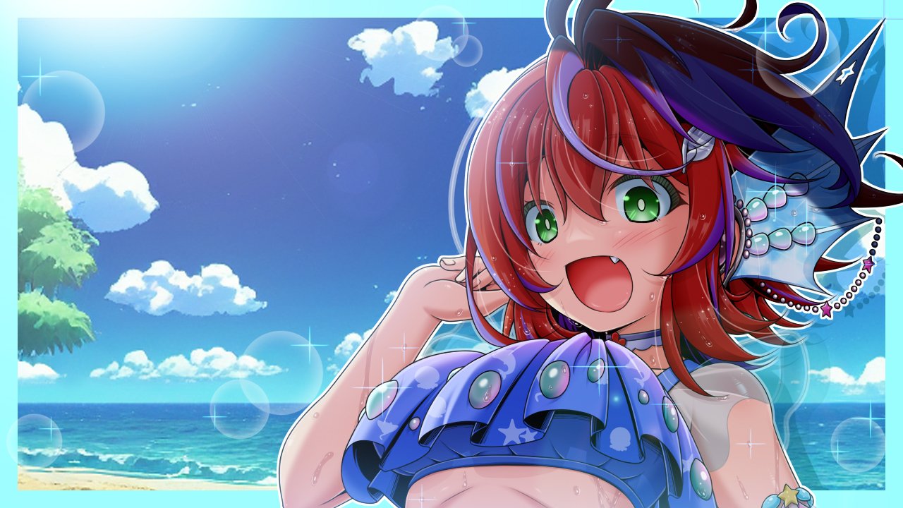 1girl :d akane_canna alternate_costume antenna_hair beach bikini blue_bikini blue_border blue_sky blush border breasts cloud commentary_request day fang fins frilled_bikini frills green_eyes hair_between_eyes head_fins heart horizon large_breasts looking_at_viewer miso_panda multicolored_hair nanashi_inc. ocean open_mouth outside_border purple_hair red_hair short_hair sky smile solo streaked_hair sun swimsuit textless_version two-tone_hair upper_body virtual_youtuber
