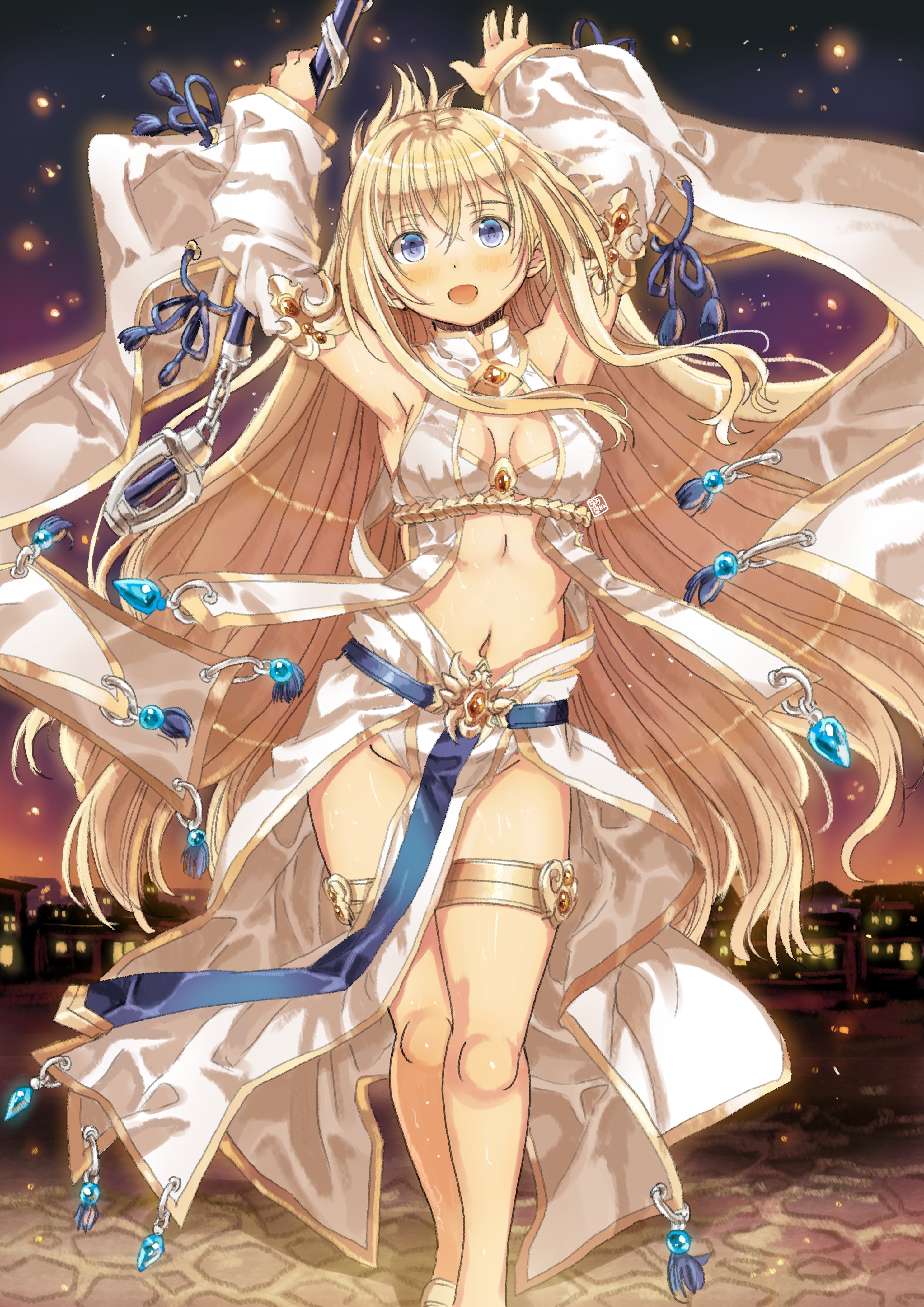 1girl absurdres armpits arms_up blonde_hair blue_eyes breasts commentary_request detached_sleeves garimpeiro goblin_slayer! harem_outfit highres holding holding_mace holding_weapon long_hair mace medium_breasts navel night night_sky official_alternate_costume open_mouth outdoors priestess_(goblin_slayer!) revealing_clothes sky smile solo stomach thigh_strap very_long_hair weapon