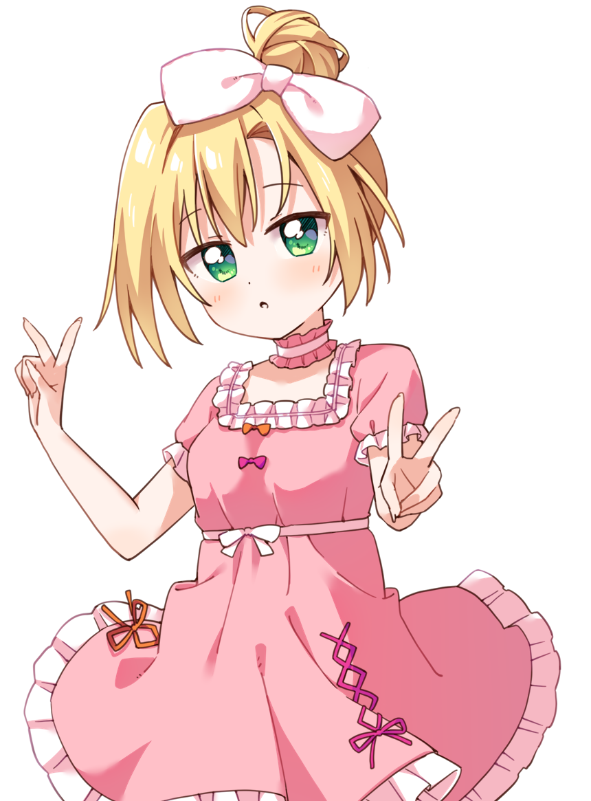 1girl :o adelheid_von_bergstrasse blonde_hair blush bow commentary_request commission cowboy_shot double_v dress floral_flowlove frilled_dress frilled_sleeves frills green_eyes hair_bow hair_bun hands_up haru_(konomi_150) looking_at_viewer parted_lips pink_dress pixiv_commission short_hair short_sleeves simple_background single_hair_bun solo v white_background white_bow