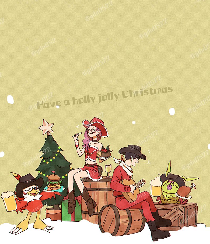 1boy 1girl bare_shoulders beer_mug bird bug burger christmas cowboy_hat cup digimon digimon_(creature) digimon_adventure_02:_the_beginning food gdn0522 hat hawkmon holding holding_burger holding_cup holding_food ichijouji_ken inoue_miyako mug pants playing_guitar playing_instrument red_pants red_shirt red_skirt red_vest santa_costume shirt sitting skirt vest wormmon
