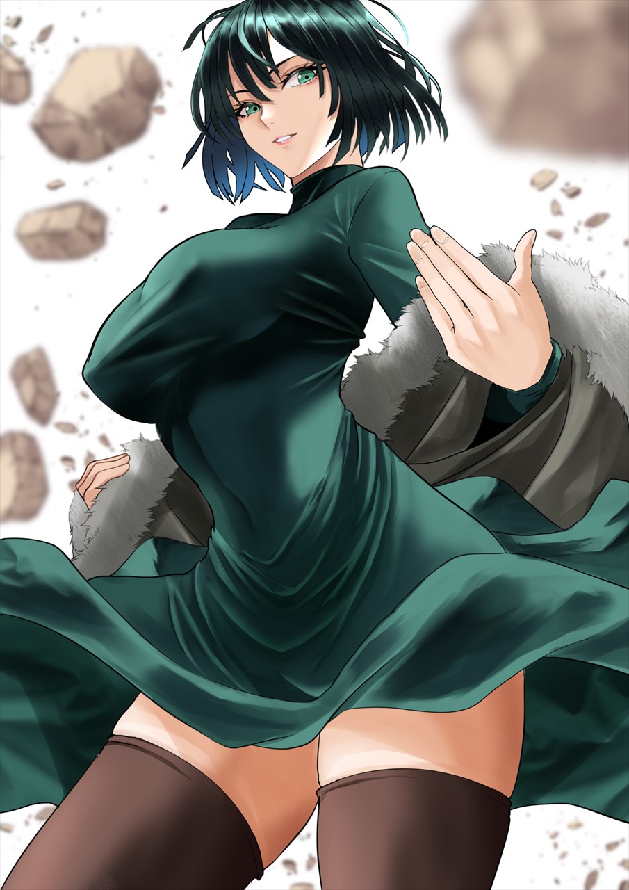 1girl breasts brown_thighhighs commentary dress fubuki_(one-punch_man) green_dress green_eyes green_hair highres kawabata_yoshihiro large_breasts long_sleeves looking_at_viewer one-punch_man parted_lips short_hair smile thighhighs thighs white_background