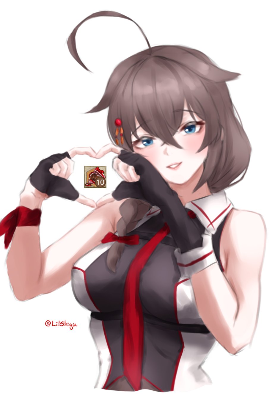 1girl ahoge black_gloves black_hair black_shirt blue_eyes braid breasts fingerless_gloves gloves hair_flaps hair_over_shoulder heart heart_hands highres kantai_collection large_breasts lilshigu long_hair necktie red_necktie shigure_(kancolle) shigure_kai_san_(kancolle) shirt simple_background single_braid sleeveless sleeveless_shirt smile solo twitter_username two-tone_shirt upper_body white_background