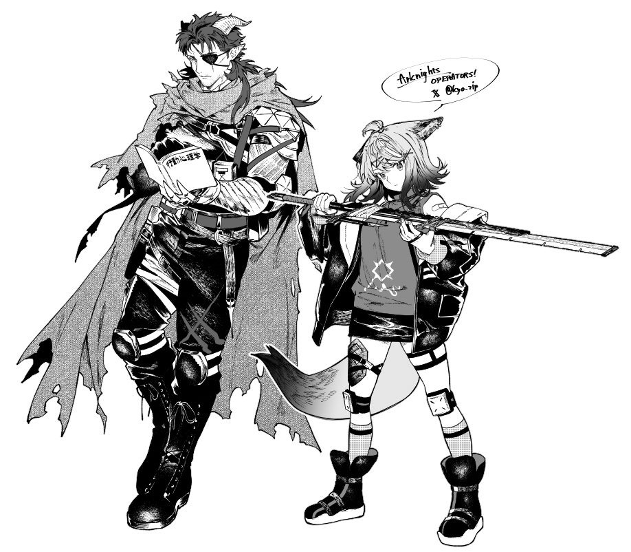 1boy 1girl animal_ears ankle_boots arknights armor bandaid bandaid_on_shoulder beard_stubble belt_pouch book boots cape chest_strap cutter_(arknights) eyepatch facial_hair full_body gradient_hair greyscale hair_ornament hairpin hoederer_(arknights) holding holding_book holding_sword holding_weapon horns jacket knee_boots knee_pads kyo_zip miniskirt monochrome multicolored_hair open_clothes open_jacket pointy_ears pouch shirt shoulder_armor skirt sleeveless sleeveless_shirt standing stubble sword thigh_strap torn_cape torn_clothes vambraces weapon x_hair_ornament