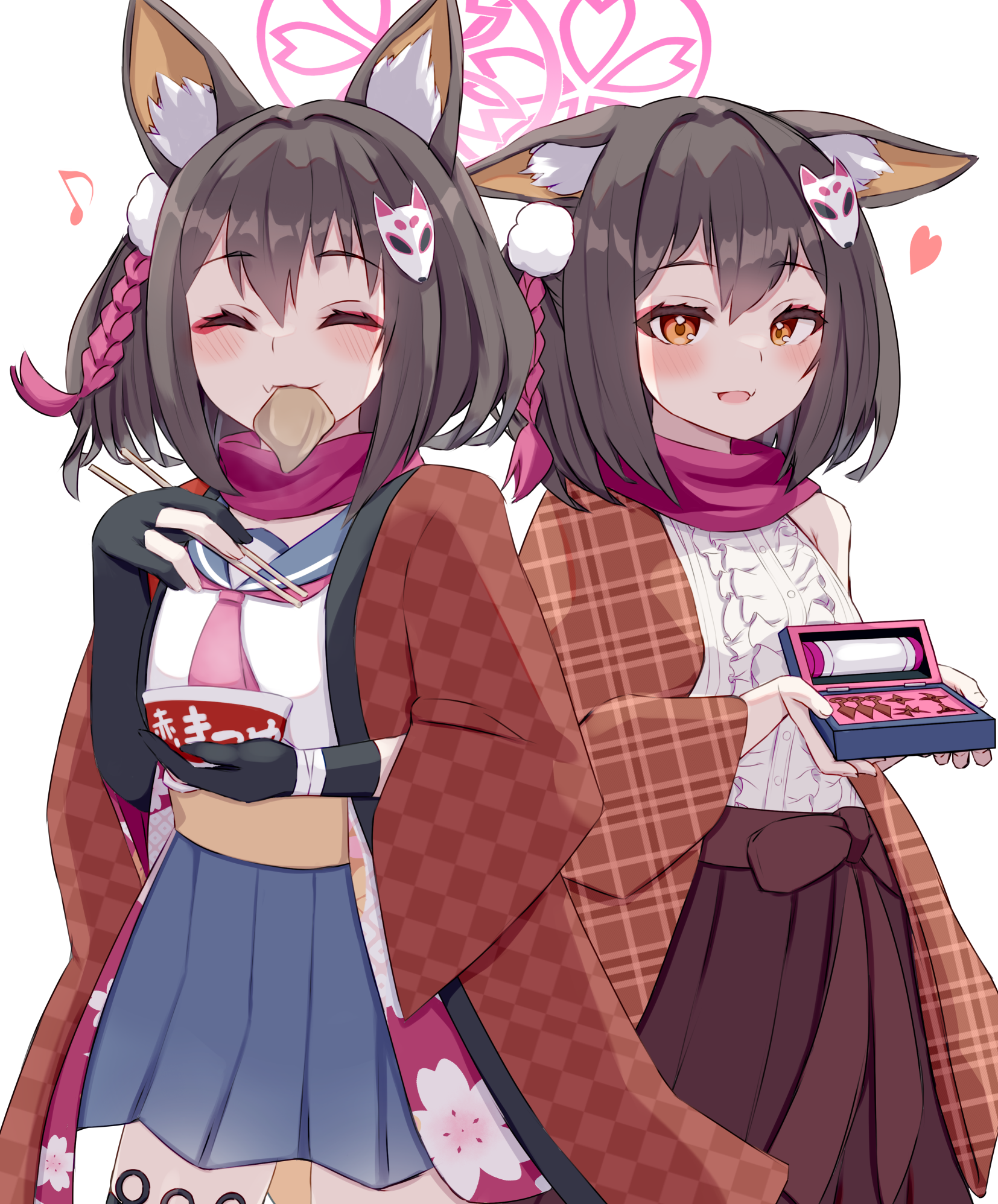 1girl a_shi_tea alternate_costume animal_ear_fluff animal_ears black_gloves blue_archive blue_sailor_collar blue_skirt blush bowl box braid checkered_haori chocolate chopsticks closed_eyes food_in_mouth fox_ears fox_girl fox_mask frilled_shirt frills gloves haori highres holding holding_bowl holding_box holding_chopsticks izuna_(blue_archive) japanese_clothes kunai looking_at_viewer mask open_mouth partially_fingerless_gloves pink_ribbon plaid_haori pom_pom_(clothes) red_haori red_ribbon red_skirt ribbon sailor_collar sash shirt single_braid skirt smile weapon white_shirt yellow_eyes yellow_sash