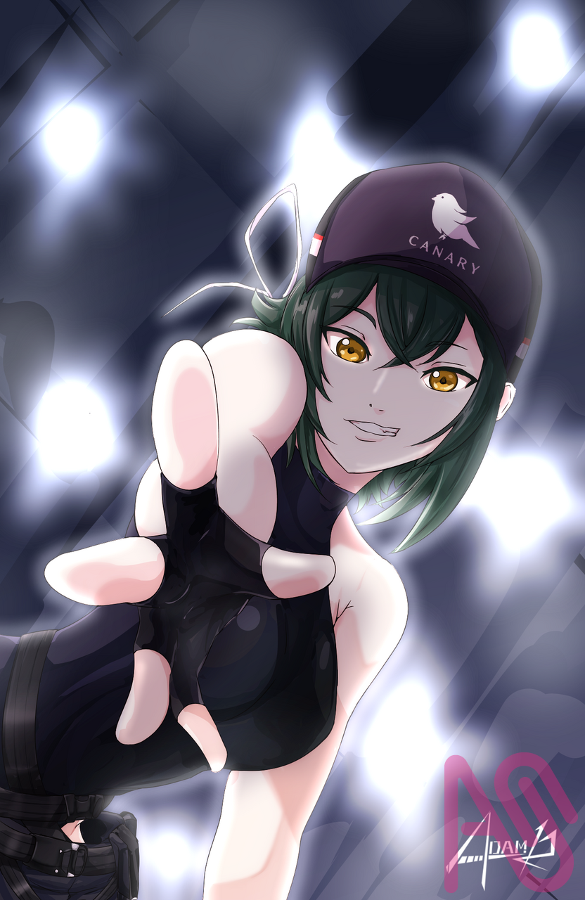 adamrg bare_shoulders counter:side fingerless_gloves gloves green_hair highres laika_(counter:side) reaching reaching_towards_viewer shiny_light smirk yellow_eyes