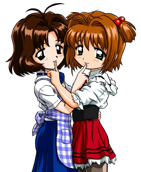 1990s_(style) 2girls ahoge antenna_hair apron bandabekken black_eyes black_hair bronze_parrot brown_hair cardcaptor_sakura child cowboy_shot finger_to_mouth from_side green_eyes hair_bobbles hair_ornament kinomoto_sakura kobeya_uniform multiple_girls pantyhose plaid_apron plaid_clothes retro_artstyle sasaki_rika simple_background waitress white_background