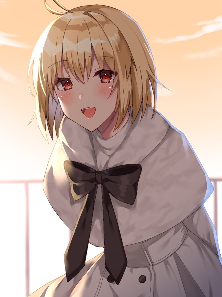 1girl antenna_hair arcueid_brunestud arms_behind_back black_bow blonde_hair blush bow bowtie buttons capelet cloud commentary_request dress hair_between_eyes long_sleeves looking_at_viewer outdoors red_eyes sakura_(tariliko) short_hair sky sly smile solo teeth tongue tsukihime tsukihime_(remake) turtleneck turtleneck_dress upper_teeth_only white_capelet white_dress yellow_sky