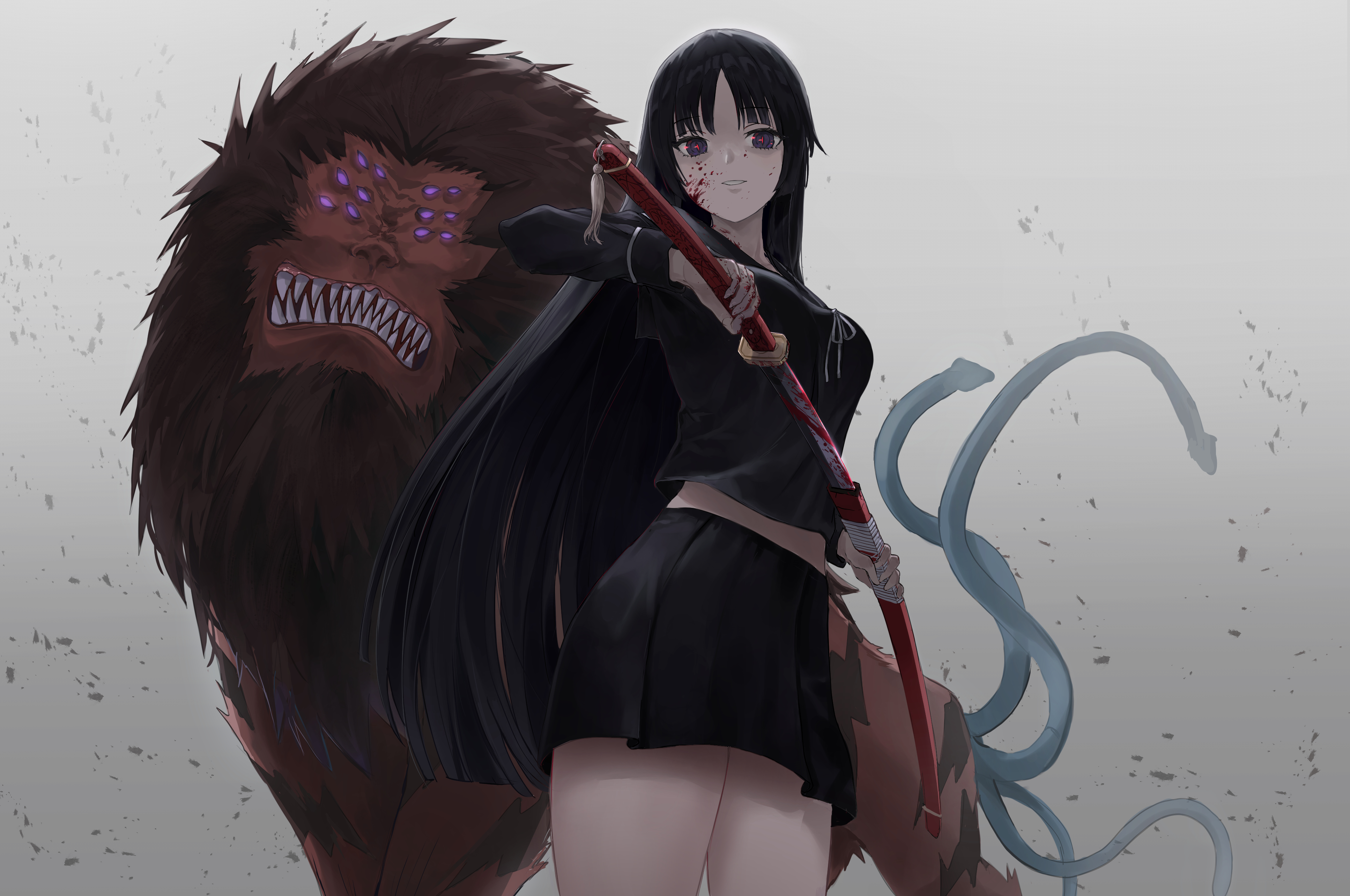 1girl absurdres black_hair black_sailor_collar black_serafuku black_shirt black_skirt blood blood_on_face bloody_weapon blue_eyes breasts collared_shirt cowboy_shot ga-rei ga-rei_zero grey_background grin highres holding holding_sheath holding_sword holding_weapon isayama_yomi katana long_hair long_sleeves looking_at_viewer medium_breasts miniskirt neck_ribbon parted_bangs pigone pleated_skirt ribbon sailor_collar sailor_shirt scabbard school_uniform serafuku sheath shirt skirt smile sword unsheathing very_long_hair weapon white_ribbon