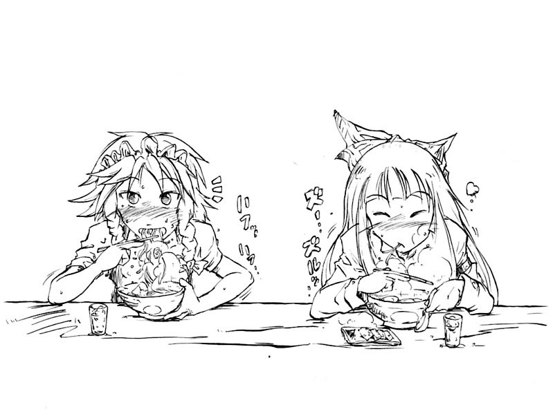 2girls chopsticks eating closed_eyes female_focus food fujiwara_no_mokou greyscale hat izayoi_sakuya monochrome multiple_girls pandemonium touhou upper_body white_background