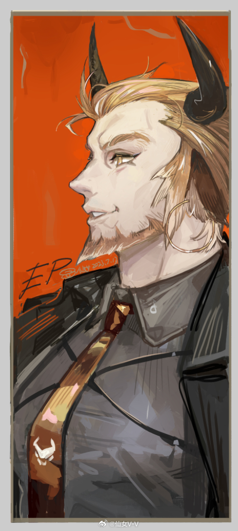 1boy animal_ears arknights bara beard character_request cow_boy cow_ears cow_horns earrings facial_hair formal_clothes from_side hoop_earrings horns jewelry large_pectorals looking_ahead male_focus mature_male medium_hair necktie pectorals pipidan smug solo suit thick_eyebrows upper_body