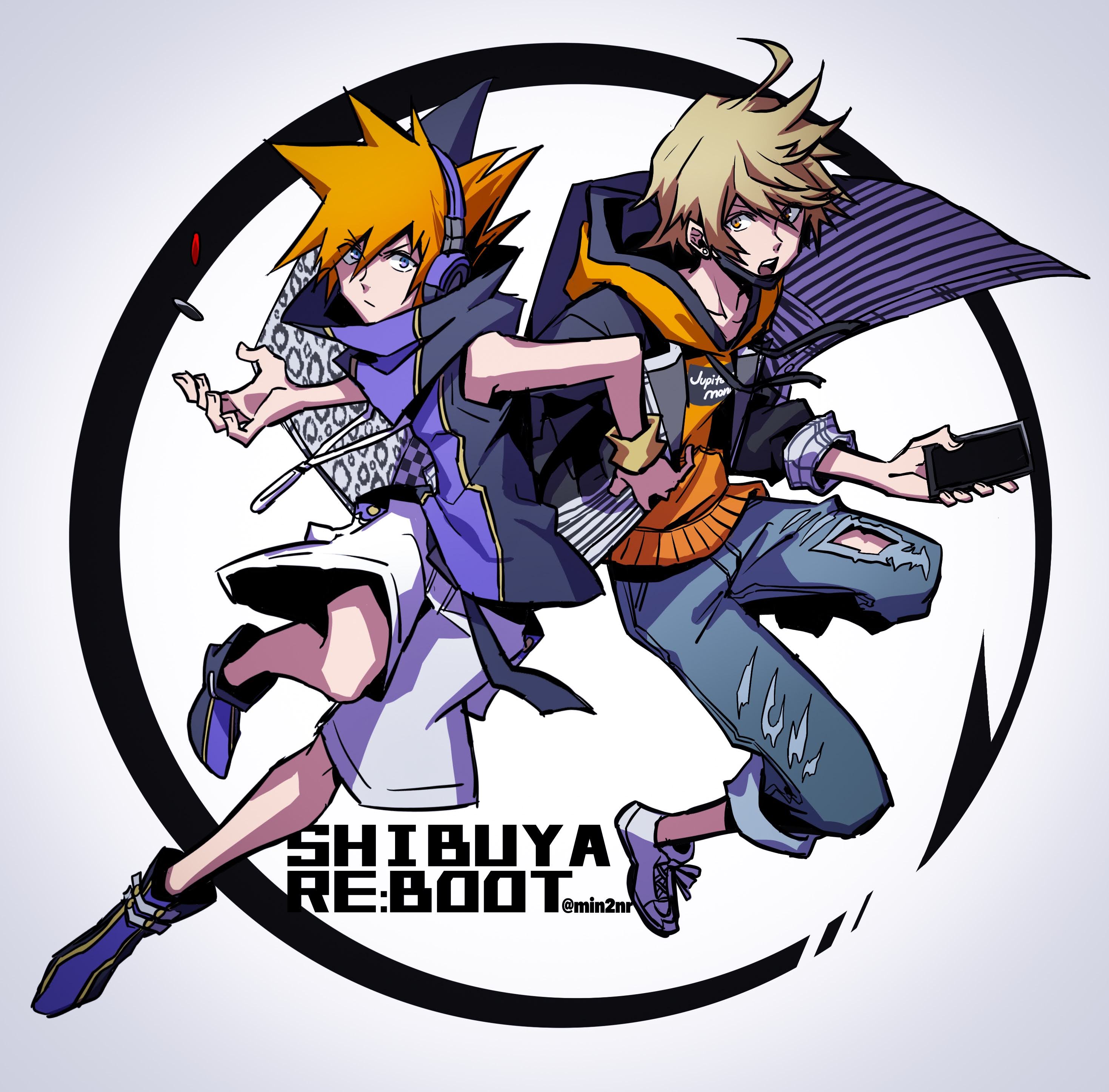 2boys absurdres black_jacket black_shirt black_shoes blonde_hair cellphone denim eme_(204) headphones highres holding holding_phone hood hoodie jacket jeans kanade_rindo medium_hair multicolored_shoes multiple_boys orange_hair orange_hoodie pants phone pin purple_eyes purple_headphones purple_shirt purple_shoes sakuraba_neku shin_subarashiki_kono_sekai shirt shoes shorts signature sleeveless sleeveless_shirt smartphone spiked_hair subarashiki_kono_sekai torn_clothes torn_jeans torn_pants two-tone_shirt two-tone_shoes white_shoes white_shorts yellow_eyes