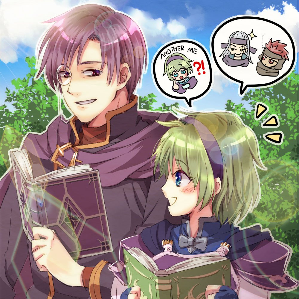 1girl blue_eyes blush book canas_(fire_emblem) cape fire_emblem fire_emblem:_the_blazing_blade fire_emblem_heroes forest gloves green_hair hairband if_oki jaffar_(fire_emblem) multiple_boys nature nino_(fire_emblem) nino_(pale_flower)_(fire_emblem) nintendo open_mouth pegasus_knight_uniform_(fire_emblem) purple_hairband red_hair scar short_hair smile