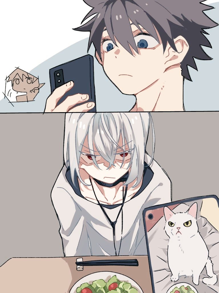 2boys accelerator_(toaru_majutsu_no_index) albino ambiguous_gender androgynous annoyed black_choker black_hair blue_eyes cat cellphone choker chopsticks collarbone comic electrodes expressionless grey_background holding holding_phone kamijou_touma long_sleeves looking_at_another loose_clothes loose_shirt multiple_boys pale_skin pepo_peropero phone red_eyes salad sanpaku shirt sitting smartphone speech_bubble spiked_hair table toaru_majutsu_no_index upper_body white_cat white_hair white_shirt