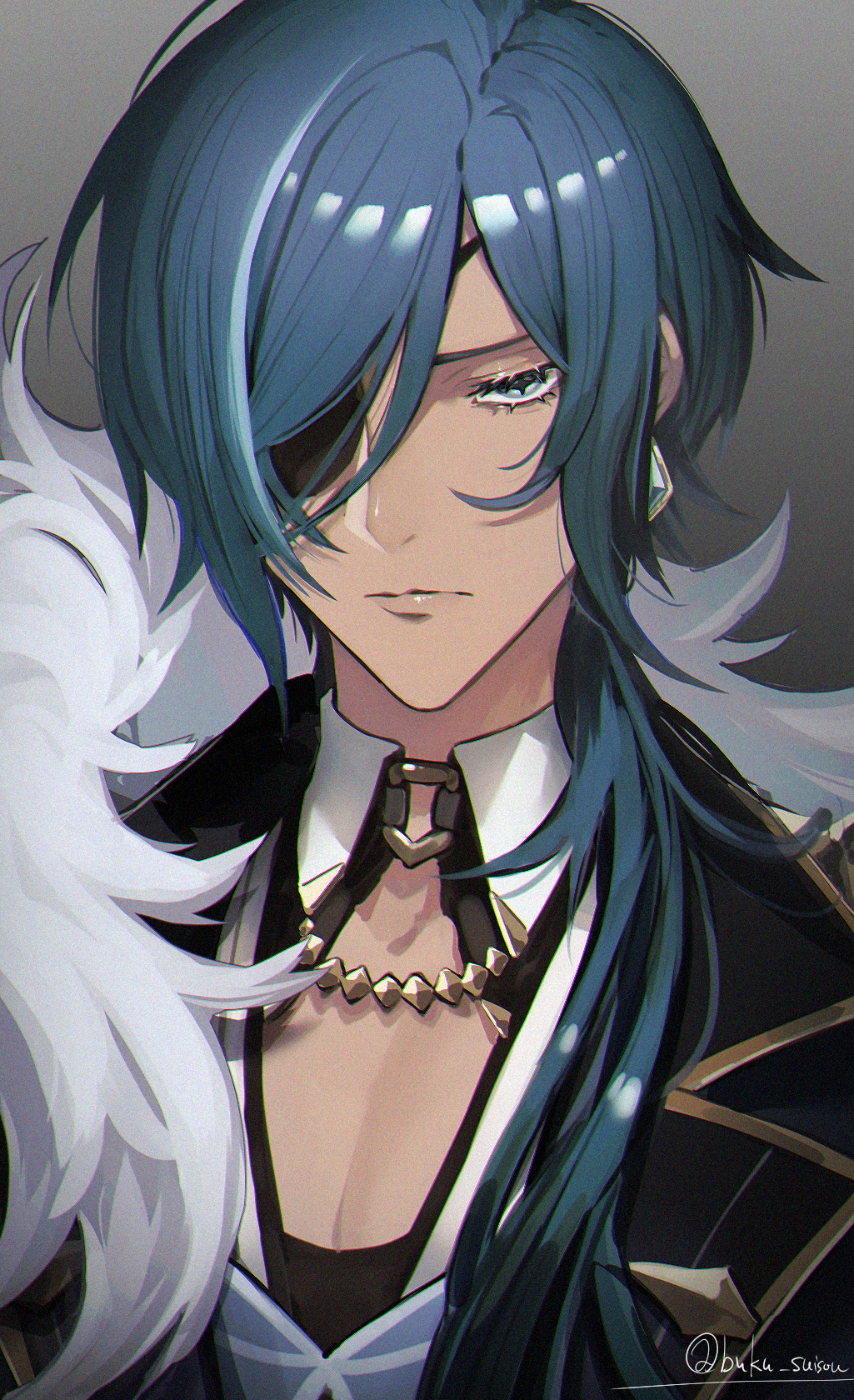 1boy black_jacket blue_hair buku2_suisou closed_mouth cross-shaped_pupils earrings eyelashes eyepatch genshin_impact grey_background grey_eyes highres jacket jewelry kaeya_(genshin_impact) long_hair looking_at_viewer male_focus pectoral_cleavage pectorals solo symbol-shaped_pupils twitter_username upper_body