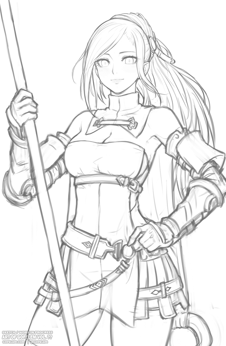 1girl armpits artist_name bare_shoulders belt breasts closed_mouth commentary cowboy_shot detached_collar gofelem greyscale hand_on_own_hip high_collar holding holding_polearm holding_weapon long_hair looking_at_viewer medium_breasts monochrome polearm ponytail radiant_historia raynie simple_background sketch solo unfinished vambraces watermark weapon white_background