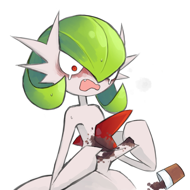 bob_cut coffee colored_skin dmt_(auburn) dress fang gardevoir gen_3_pokemon green_hair mega_gardevoir mega_pokemon nintendo open_mouth pokemon pokemon_(creature) red_eyes simple_background spill stained_clothes teardrop white_background white_dress white_skin