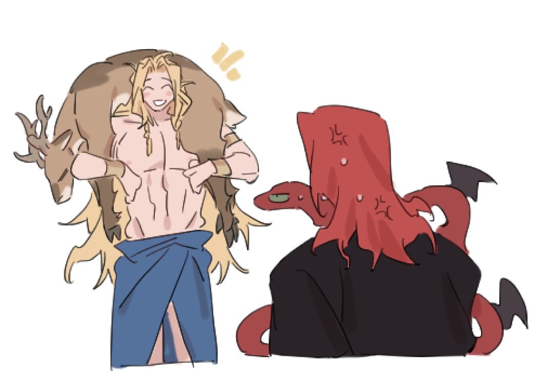2boys anger_vein blonde_hair closed_eyes deer elden_ring elden_ring:_shadow_of_the_erdtree godwyn_the_golden long_hair messmer_the_impaler multiple_boys nozakikotaro4 red_hair skirt smile snake