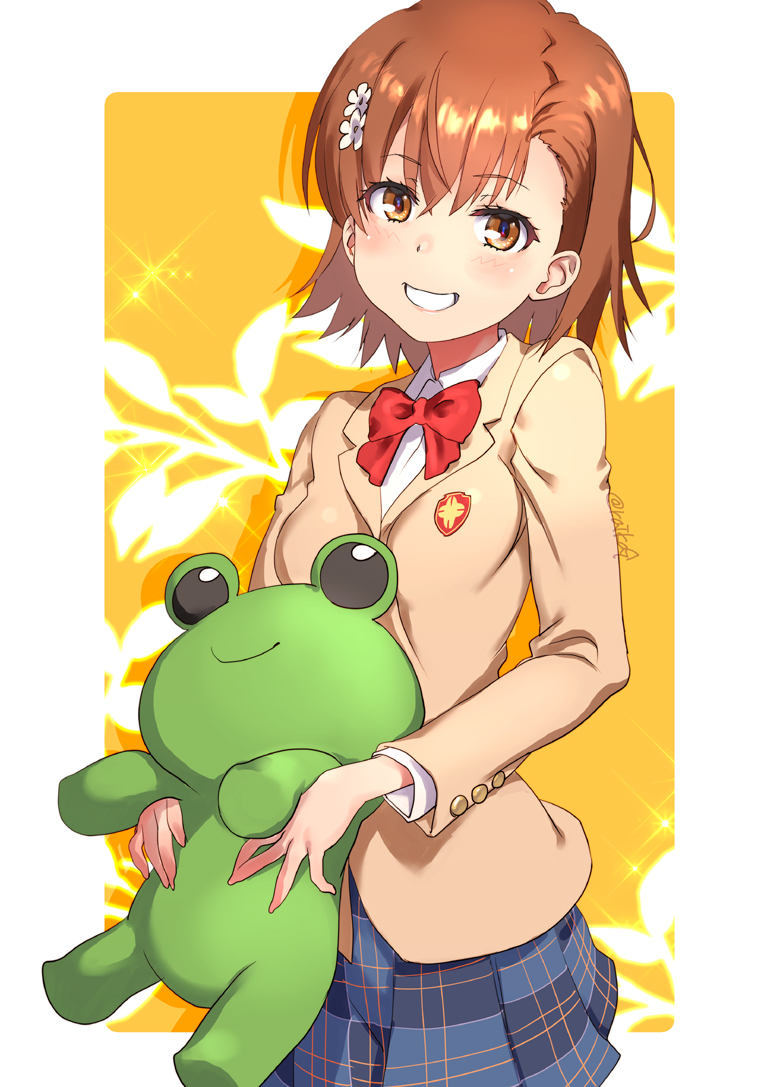 1girl asymmetrical_bangs blazer border bow bowtie brown_eyes brown_hair brown_jacket collared_shirt commentary_request floral_background gekota grey_skirt grin hair_ornament hairpin holding holding_stuffed_toy jacket long_sleeves looking_at_viewer medium_hair misaka_mikoto parted_lips plaid_clothes plaid_skirt raika9 red_bow red_bowtie school_emblem school_uniform shirt simple_background skirt smile solo stuffed_animal stuffed_frog stuffed_toy toaru_kagaku_no_railgun toaru_majutsu_no_index tokiwadai_school_uniform twitter_username white_border white_shirt winter_uniform yellow_background