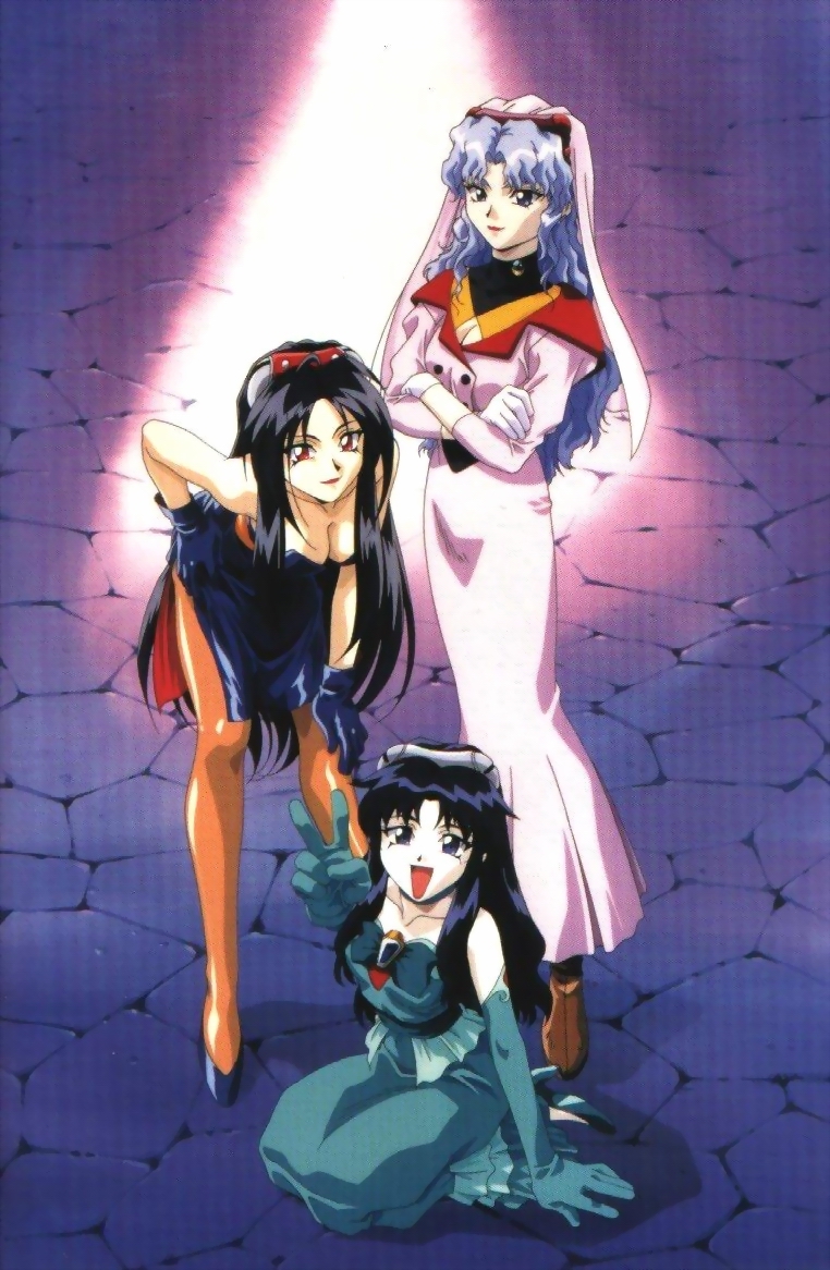 1990s_(style) 3girls bent_over black_hair blue_eyes blue_hair breasts cleavage crossed_arms dress el_hazard elbow_gloves gloves headdress high_heels ifurita ifurita_tv lipstick long_hair makeup multiple_girls myuun pantyhose red_eyes retro_artstyle shoes silver_hair smile v