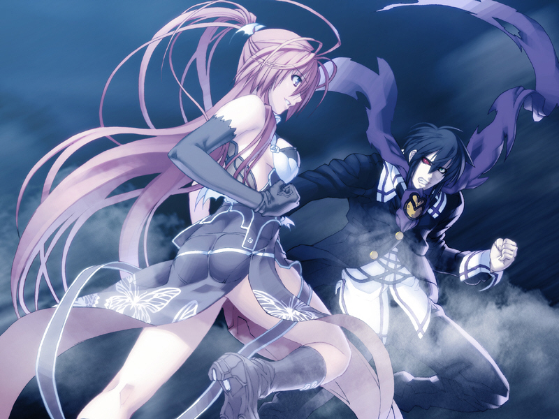 1boy 1girl breasts formal_clothes game_cg gloves ignis_(jingai_makyou) jingai_makyou long_hair multicolored_eyes nitroplus ponytail red_hair short_hair
