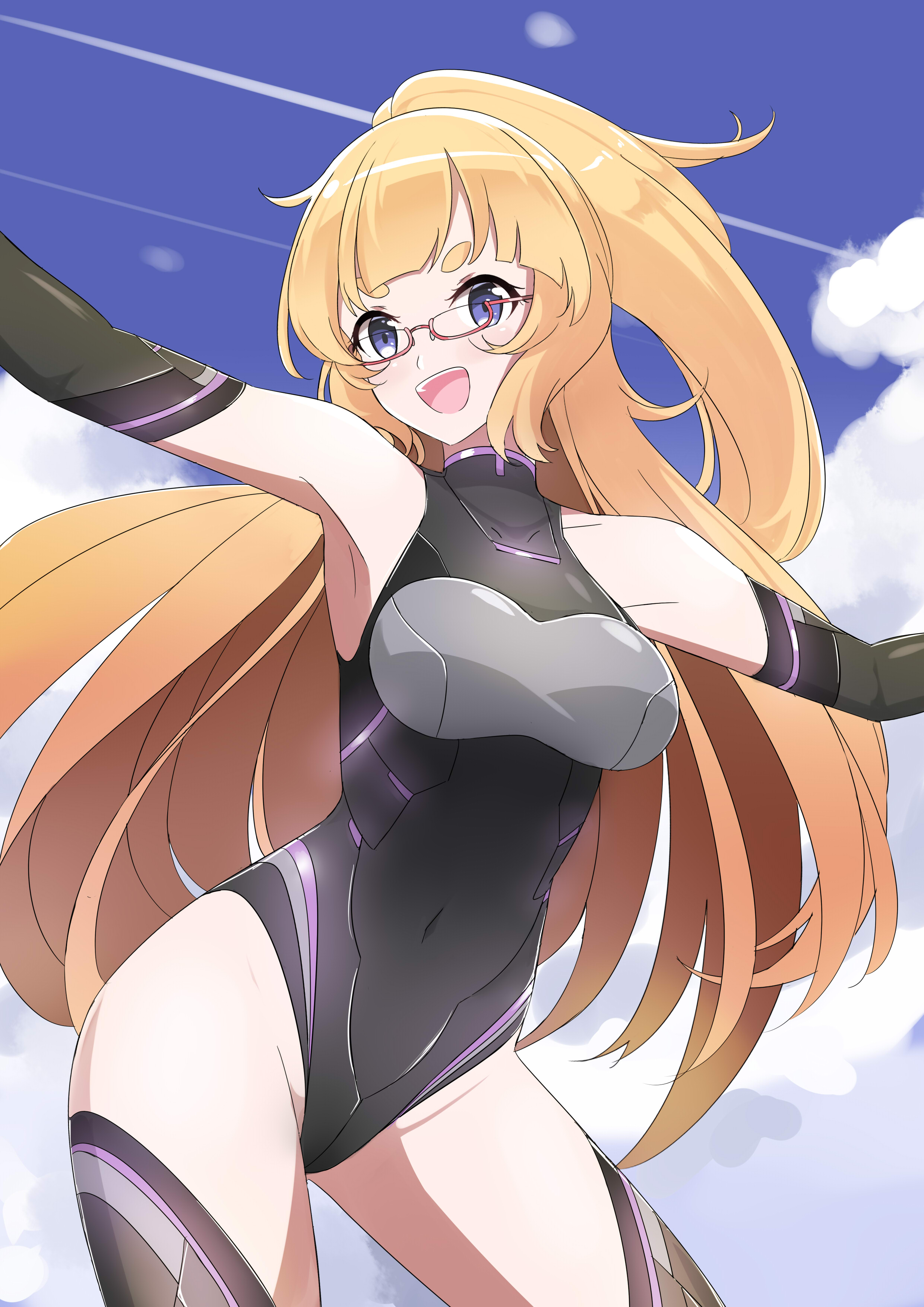 1girl absurdres armpits bare_shoulders blonde_hair blue_eyes boots breasts cosplay dolphin_wave elbow_gloves framed_breasts glasses gloves highleg highleg_leotard highres kazami_uniform large_breasts leotard long_hair looking_at_viewer miranda_(sudhiro_sappurisa) neon_trim open_mouth original sleeveless sudhiro_sappurisa thigh_boots thighs turtleneck