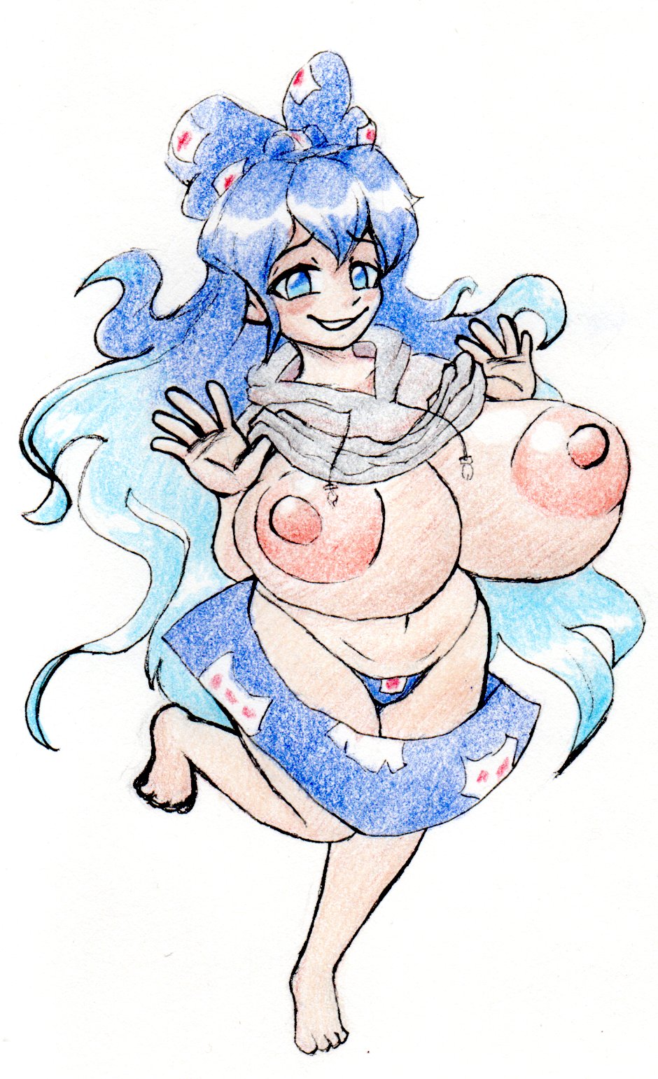 1girl aqua_hair barefoot blue_bow blue_eyes blue_hair blue_skirt bow breasts clothes_lift fat fat_woman feet gradient_hair grey_hoodie hair_bow highres hood hood_down hoodie hoodie_lift huge_breasts leg_up light_blush long_hair looking_at_viewer multicolored_hair navel nipples panties print_bow print_skirt scan scan_artifacts simple_background skirt skirt_down smug solo teeth thatartistann touhou traditional_media underwear white_background yorigami_shion