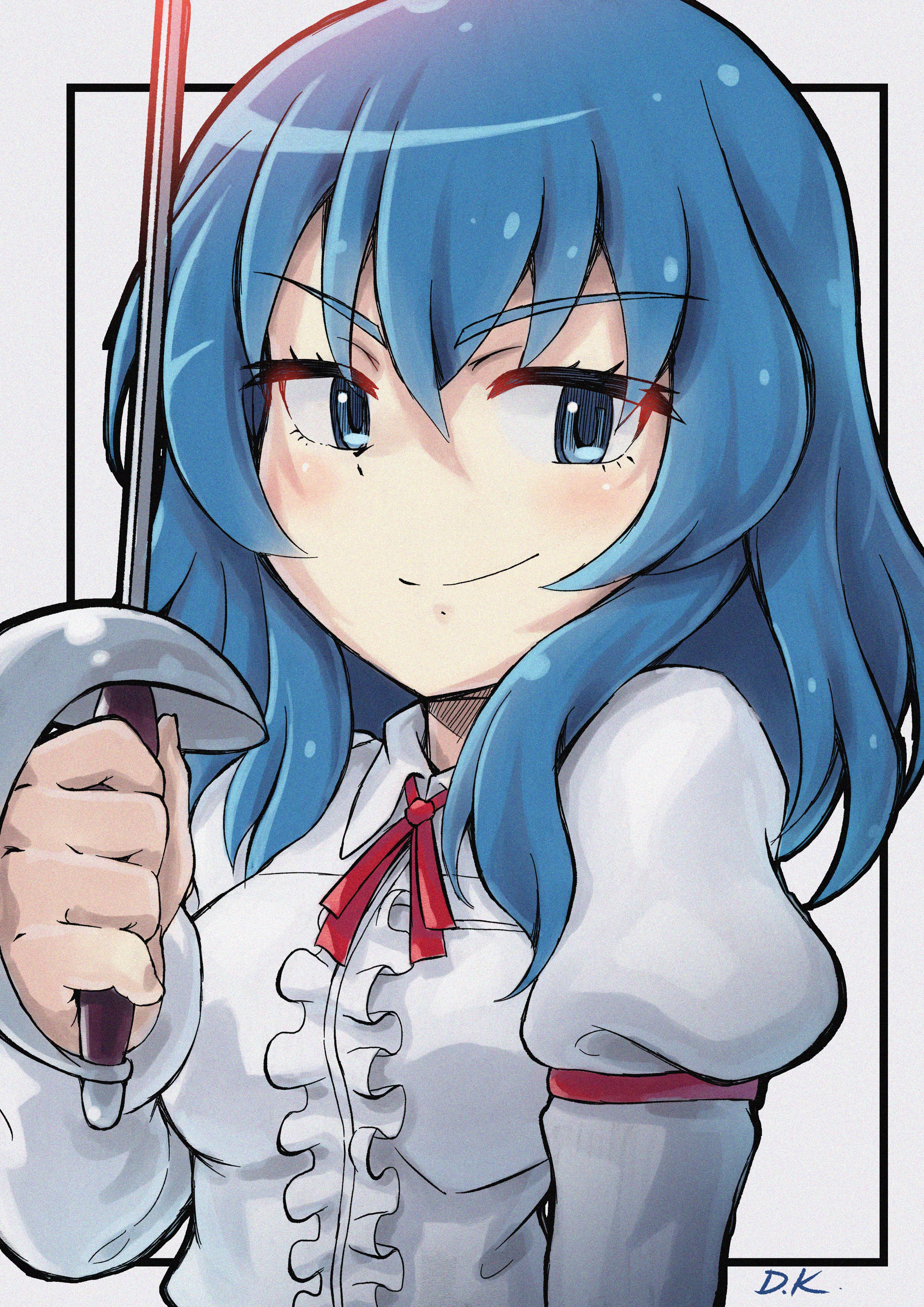 1girl absurdres blue_eyes blue_hair breasts closed_mouth collared_shirt eclair_(girls_und_panzer) frilled_shirt frills girls_und_panzer girls_und_panzer_gekitou!_maginot-sen_desu!! highres holding holding_sword holding_weapon juliet_sleeves kuroneko_douji long_hair long_sleeves looking_at_viewer maginot_school_uniform puffy_sleeves red_ribbon ribbon school_uniform shirt signature smile sword weapon white_shirt