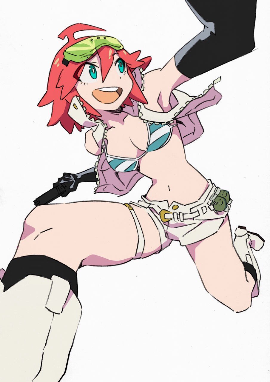 1girl ahoge aqua_eyes arai_hiroki black_gloves boots cropped_jacket explosive frag_(trigger) gloves grenade gun highres red_hair running safety_glasses short_hair short_shorts shorts simple_background skeleton_print smile teeth trigger-chan trigger_(company) upper_teeth_only weapon white_background white_footwear
