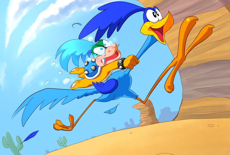1boy annoyed bird blue_eyes blue_hair blue_sky crossover desert grin holding hououji_arashi koopalings larry_koopa looney_tunes mario_(series) nintendo riding road_runner_(looney_tunes) running sky smile spikes super_mario_bros._3 tears