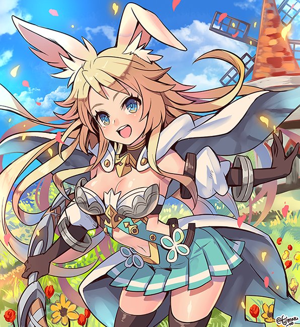 1girl animal_ears bare_shoulders blonde_hair bow_(weapon) breasts cloud cloudy_sky dragalia_lost eleonora_(dragalia_lost) flower fujimaru_(green_sparrow) holding holding_bow_(weapon) holding_weapon large_breasts long_hair outdoors petals rabbit_ears sky smile solo thighhighs weapon windmill