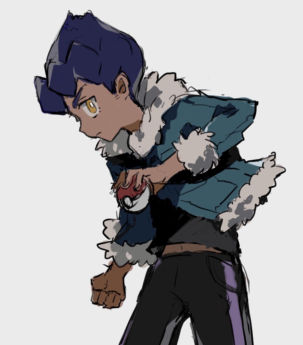 1boy black_shirt blue_hair blue_jacket clenched_hand dark-skinned_male dark_blue_hair dark_skin fur-trimmed_jacket fur-trimmed_sleeves fur_trim highres holding holding_poke_ball hop_(pokemon) jacket long_sleeves male_focus nintendo poke_ball poke_ball_(basic) pokemon pokemon_swsh shichibee_(stm_mimi) shirt short_hair simple_background solo white_background yellow_eyes