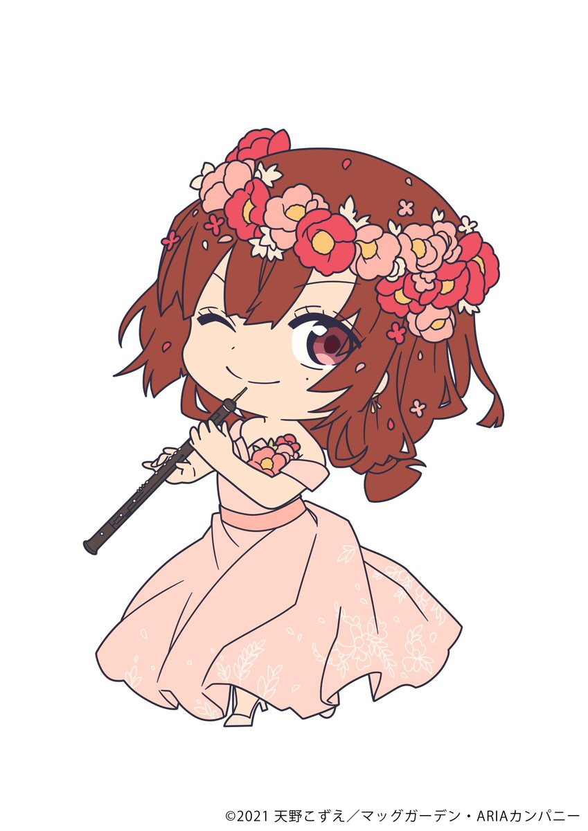 1girl aria_(manga) azusa_mclaren brown_hair chibi closed_mouth copyright_name copyright_notice dated dress eyelashes floral_print flower full_body hair_flower hair_ornament high_heels highres holding instrument looking_at_viewer medium_hair mole mole_under_eye music oboe off-shoulder_dress off_shoulder official_alternate_costume official_art one_eye_closed pink_dress pink_flower pink_shoes playing_instrument red_eyes red_flower shoes simple_background smile solo standing standing_on_one_leg white_background