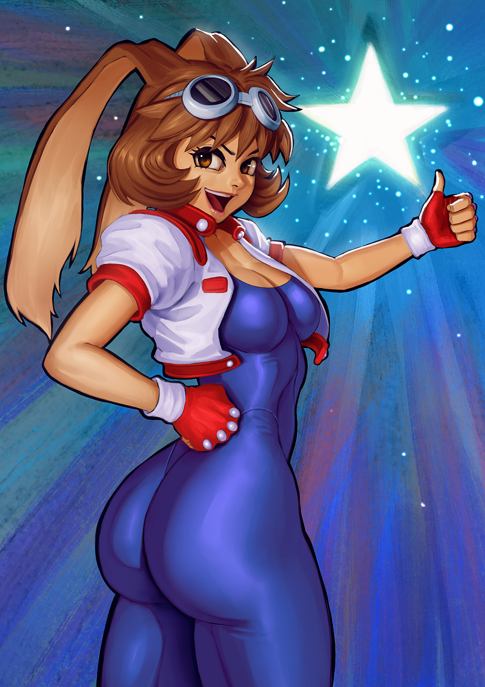 1girl animal_ears ass blue_unitard bob_cut bodysuit breasts brown_eyes brown_hair cleavage commentary cowboy_shot english_commentary fingerless_gloves gloves goggles goggles_on_head hand_on_own_hip highres huge_ass jacket looking_at_viewer makihara_arina medium_breasts open_clothes open_jacket rabbit_ears red_gloves short_hair skin_tight smile solo star_(symbol) thumbs_up waku_waku_7 white_jacket wide_hips zetman92