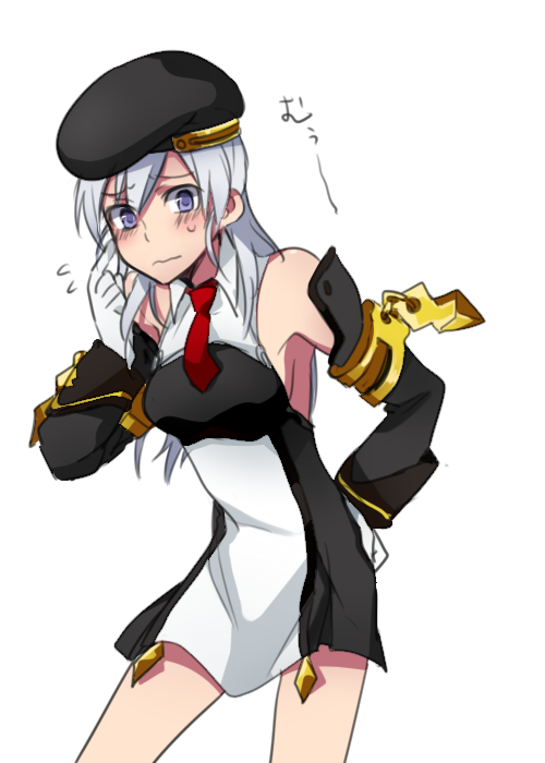 1girl 6_(yuchae) alternate_color arc_system_works blazblue cosplay detached_sleeves female_focus melty_blood necktie noel_vermillion noel_vermillion_(cosplay) purple_eyes riesbyfe_stridberg solo sweatdrop tsukihime white_hair