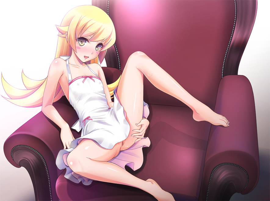 1girl :d arm_support armpits bare_shoulders barefoot blonde_hair blush blush_stickers body_blush bow breasts chair covered_erect_nipples dress feet fingernails flat_chest flipped_hair hand_on_own_thigh indoors komori_kei leg_up legs long_fingernails long_hair long_legs long_toenails looking_at_viewer monogatari_(series) naughty_face no_bra no_panties non-web_source nose_blush on_chair open_mouth oshino_shinobu pink_bow pointy_ears presenting pussy_juice shadow short_dress sitting small_breasts smile solo spread_legs sundress toenails uncensored very_long_hair white_dress yellow_eyes