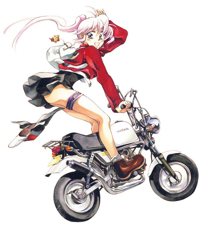 1girl backpack bag black_skirt boots brown_boots character_request copyright_request female_focus honda looking_at_viewer minibike miniskirt motor_vehicle motorcycle noped pink_eyes pink_hair simple_background skirt socks solo sorachi_satoko traditional_media wheelie
